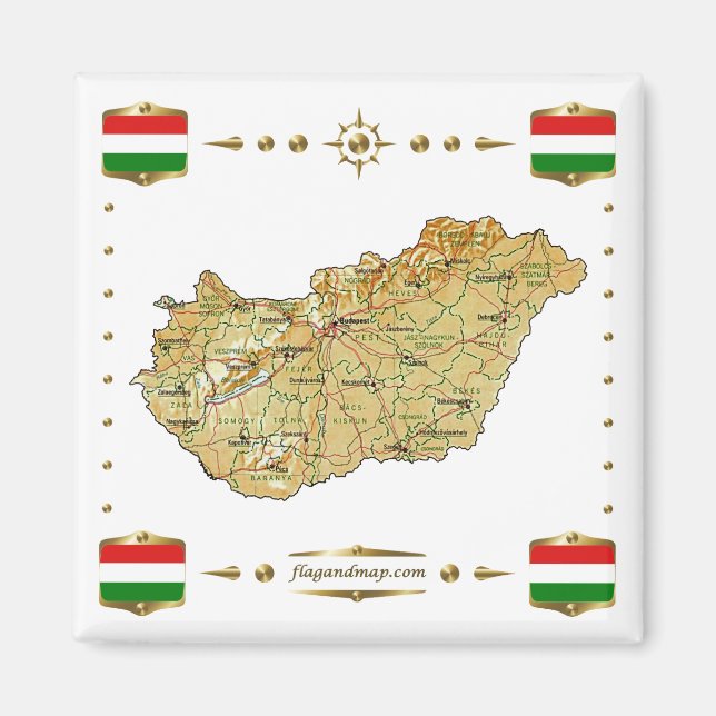 Mapa de Hungría + imán de banderas (Frente)