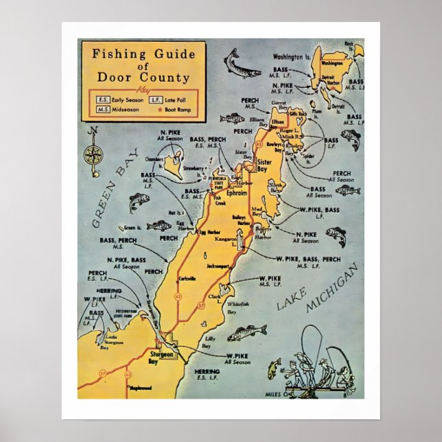 "Mapa de impresión de Door County Fishing 16x20 (Frente)