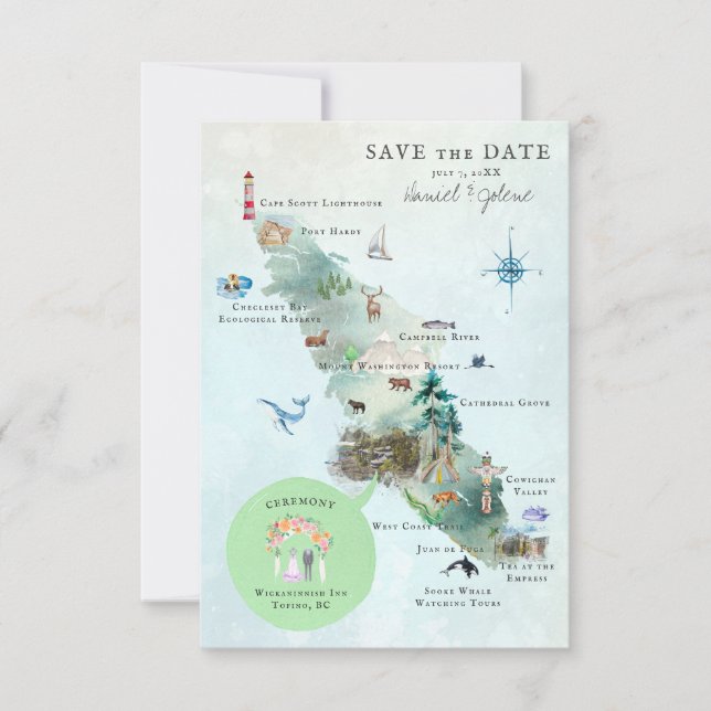 Mapa de itinerario de boda en la isla de Vancouver (Anverso)