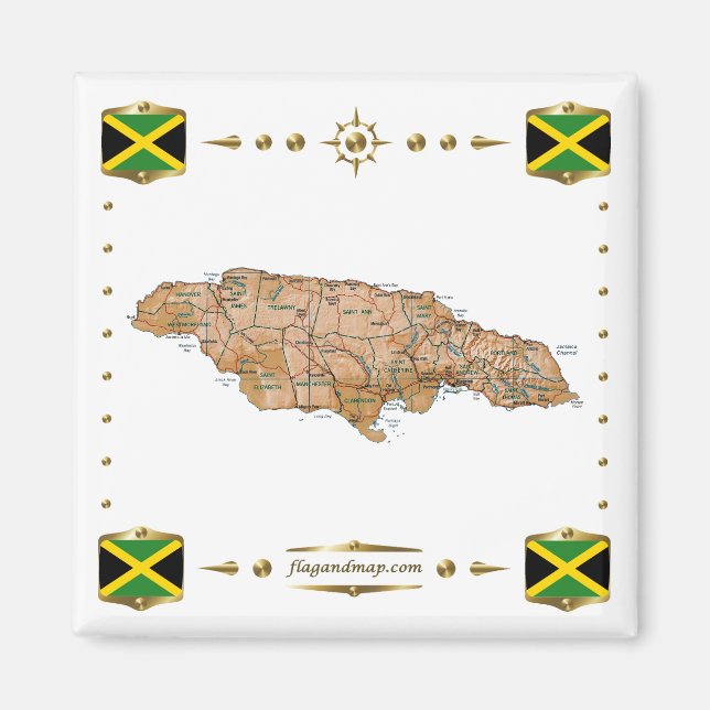 Mapa de Jamaica + imán de banderas (Frente)