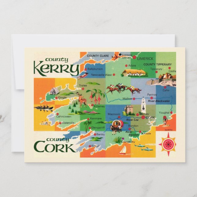 Mapa de Kerry y Cork de Irlanda 5x7 Tarjeta postal (Anverso)