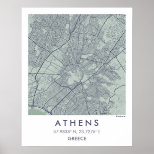 Mapa de la ciudad de Atenas Grecia Arte de pared P