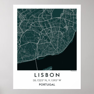 Mapa de la Ciudad de Lisboa Portugal Arte de Pared