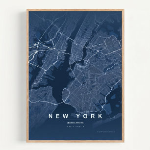 Mapa de la Ciudad de Nueva York Arte de pared azul