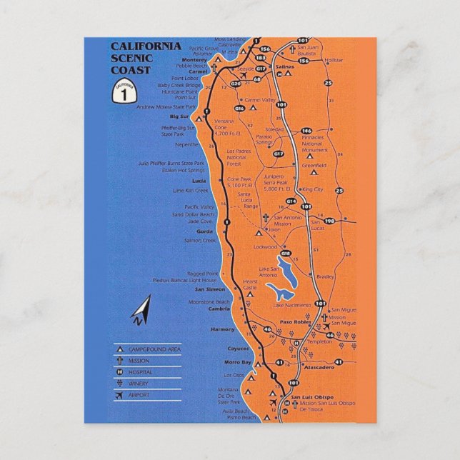 Mapa de la Costa de California Tarjeta Postal (Anverso)