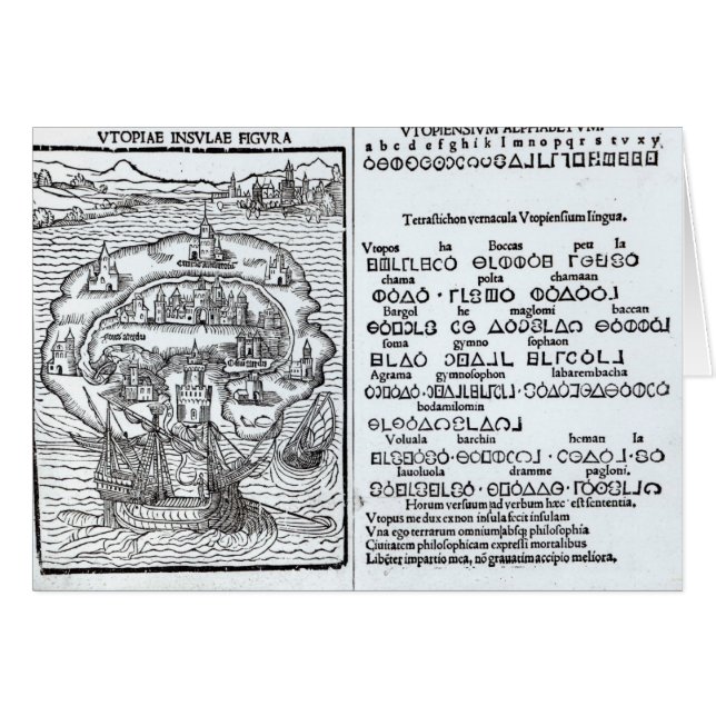 Mapa de la isla de Utopía y de su alfabeto (Anverso (Horizontal))