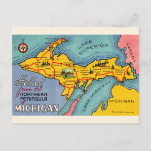 Mapa de la península norte de Michigan en postal