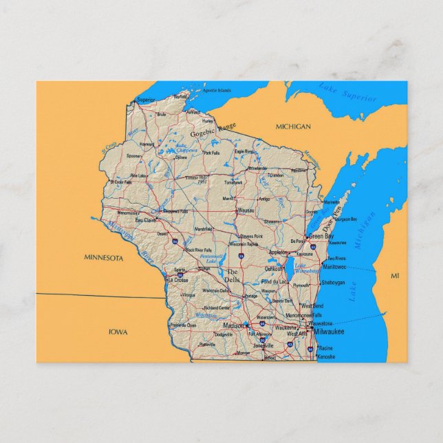 Mapa de las tarjetas postales de Wisconsin (Anverso)