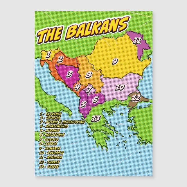 Mapa de los Balcanes ilustrado con arte pop (Anverso)