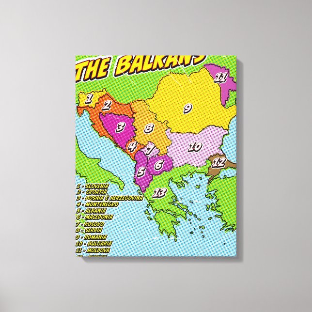 Mapa de los Balcanes ilustrado con arte pop (Anverso)