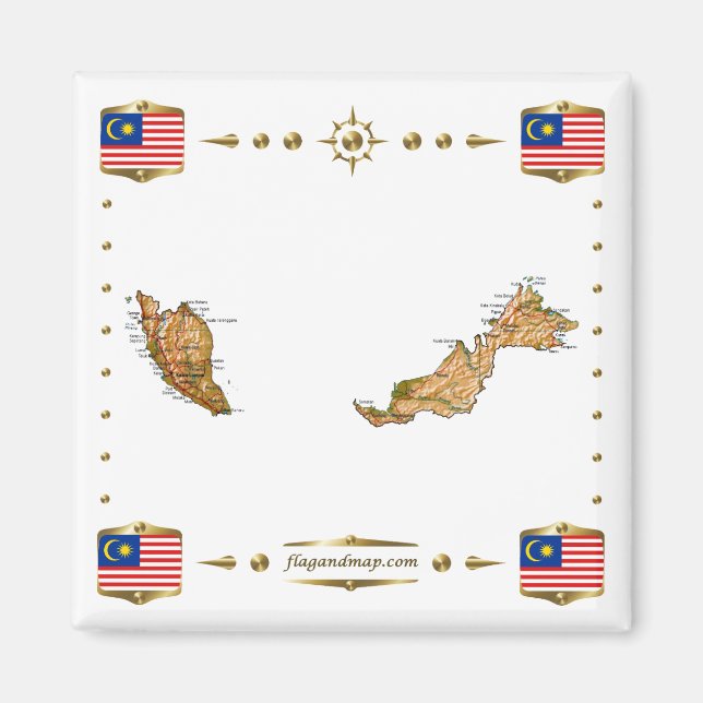 Mapa de Malasia + imán de banderas (Frente)