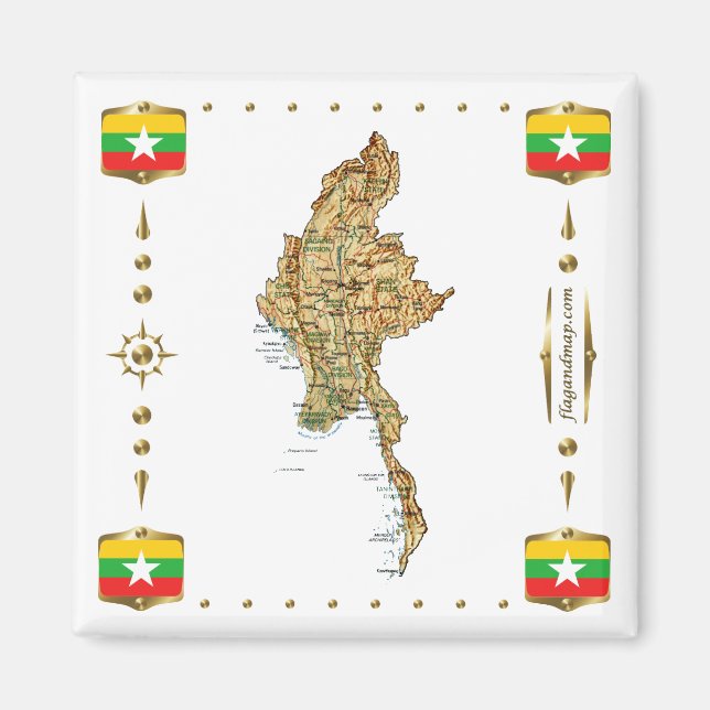 Mapa de Myanmar + imán de banderas (Frente)
