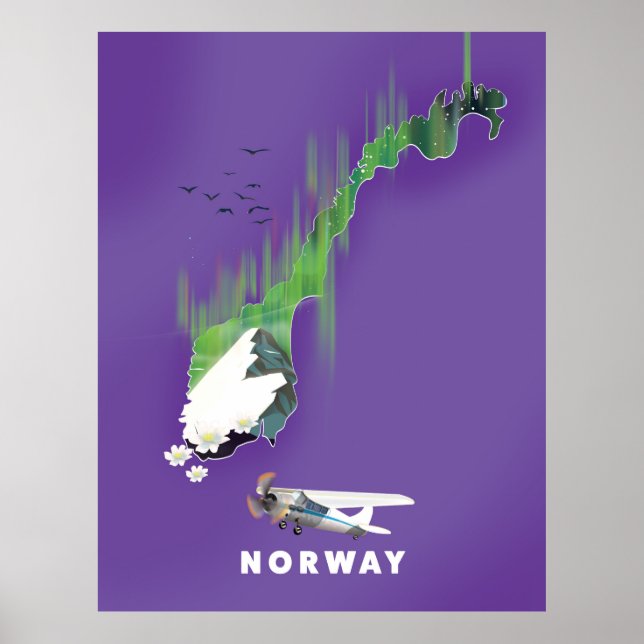 Mapa de Noruega poster de impresión ilustrado. (Frente)