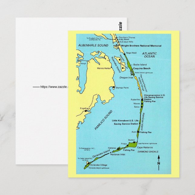 Mapa de Outer Banks en postal (Anverso / Reverso)
