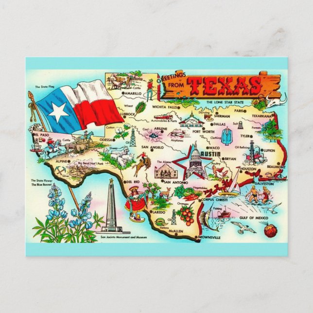 Mapa de postal de saludo de Texas (Anverso)