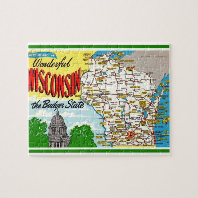 Mapa de postales de Wisconsin Rompecabezas (Horizontal)