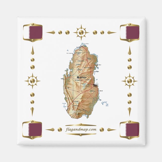 Mapa de Qatar + imán de banderas (Frente)