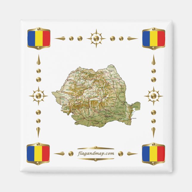 Mapa de Rumania + imán de banderas (Frente)