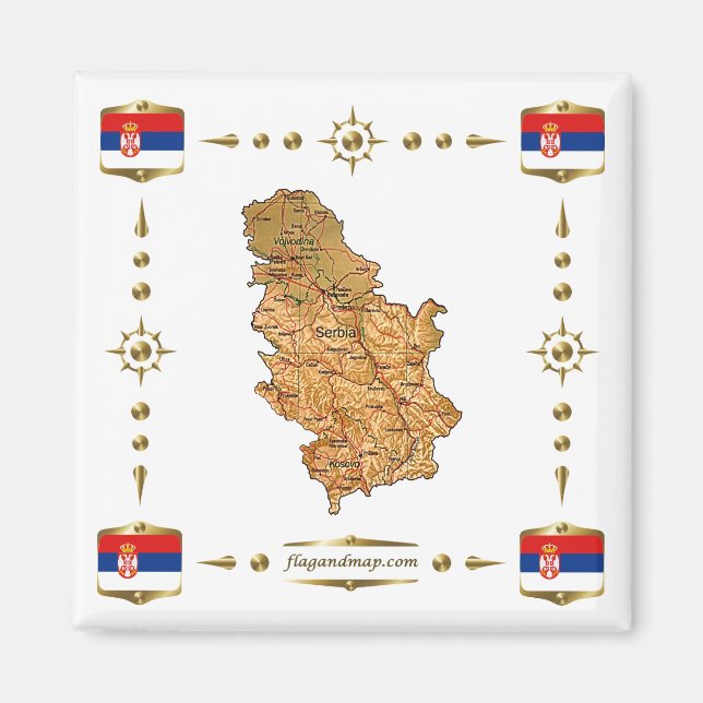 Mapa de Serbia + imán de banderas (Frente)