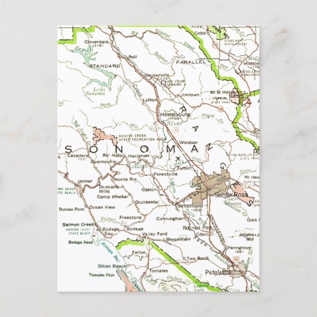 Mapa de Sonoma County CA Tarjeta Postal (Anverso)