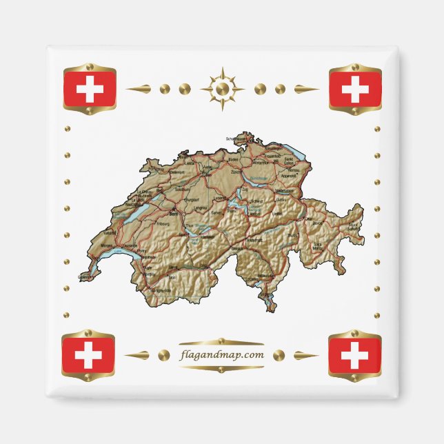 Mapa de Suiza + imán de banderas (Frente)