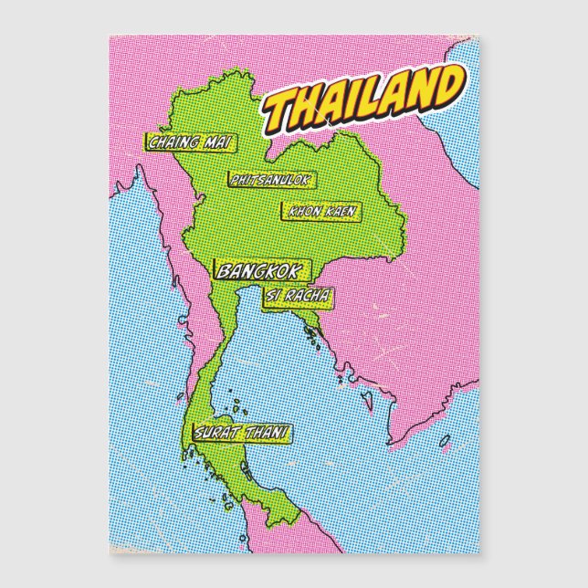 Mapa de Tailandia ilustrado con arte pop (Anverso)