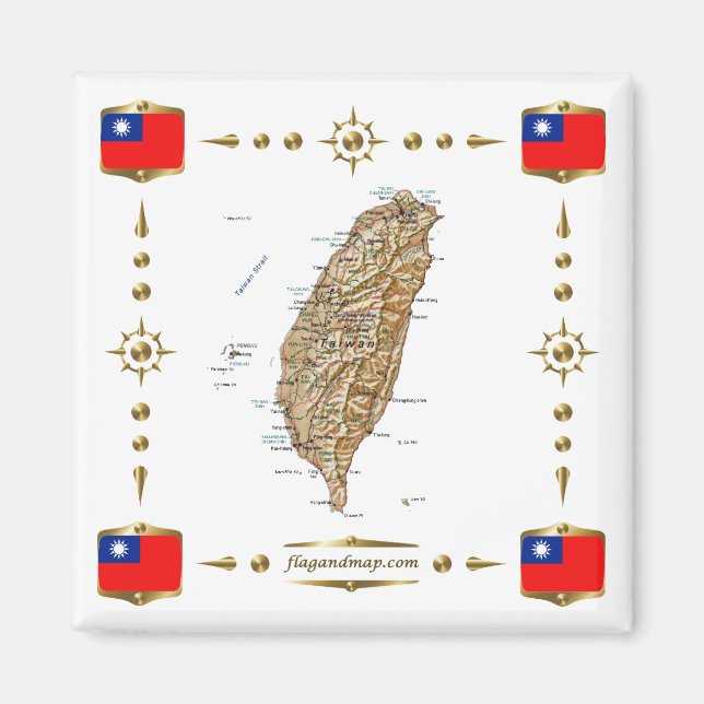 Mapa de Taiwán + imán de banderas (Frente)