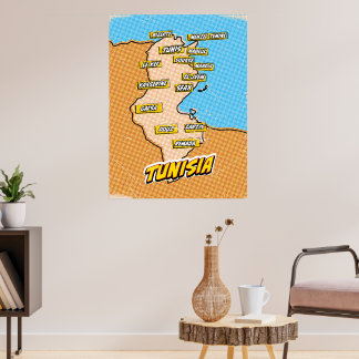 Mapa de Túnez ilustrado con arte pop