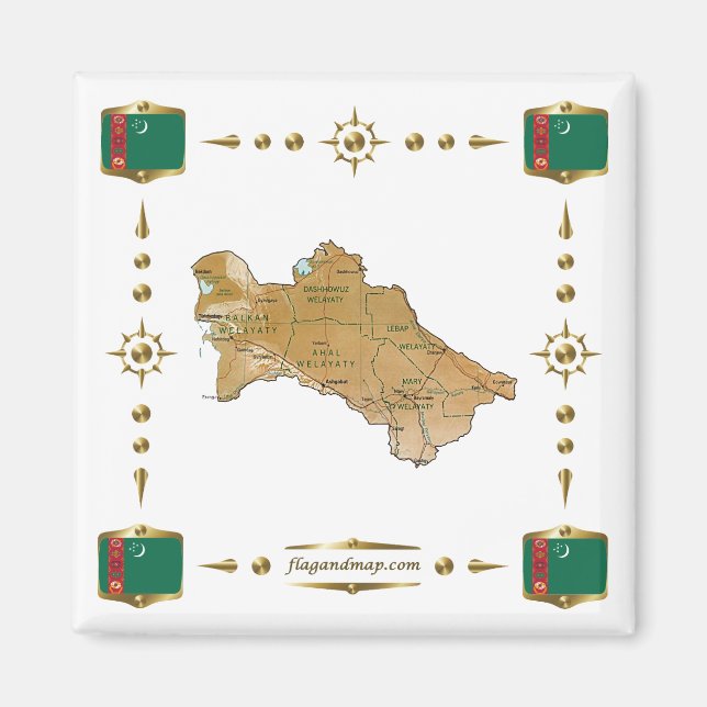 Mapa de Turkmenistán + imán de banderas (Frente)