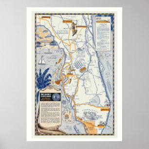 Mapa de viaje de Florida Póster Impreso 20x28