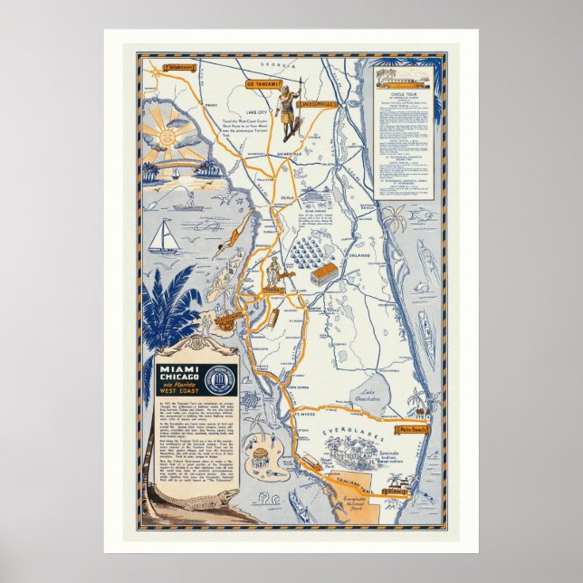 Mapa de viaje de Florida Póster Impreso 20x28 (Frente)