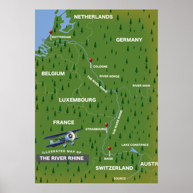 Mapa de viaje retro del río Rin. Póster (Frente)