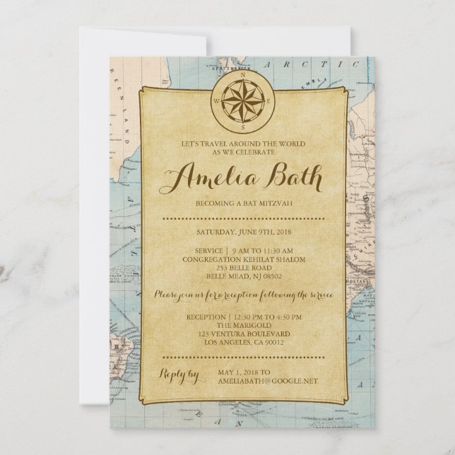 Mapa de viajes Invitación a Bat Mitzvah (Anverso)