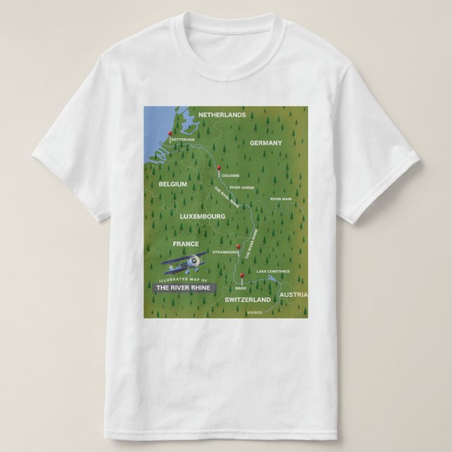 Mapa de viajes retro del río Rin. Camiseta (Diseño del anverso)