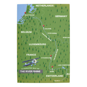 Mapa de viajes retro del río Rin. Impresión metali