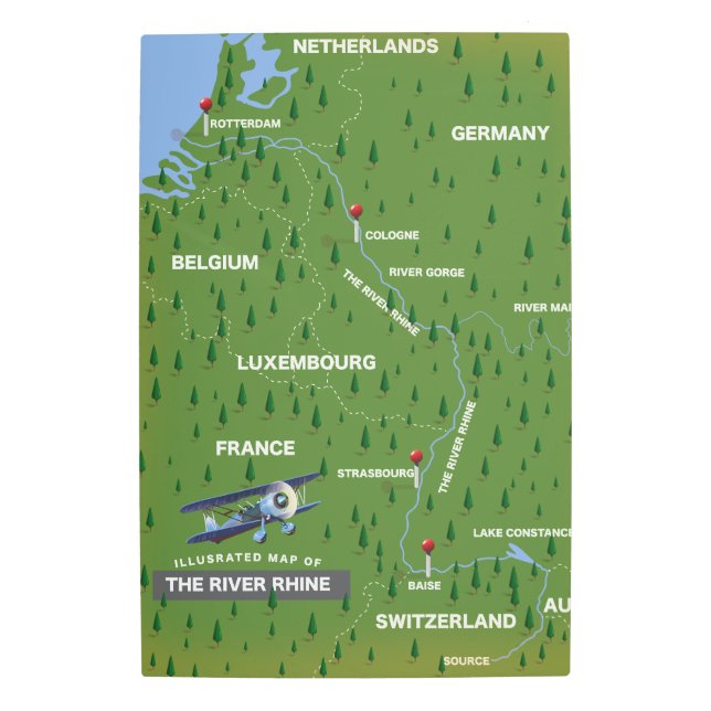 Mapa de viajes retro del río Rin. Impresión metali (Anverso)