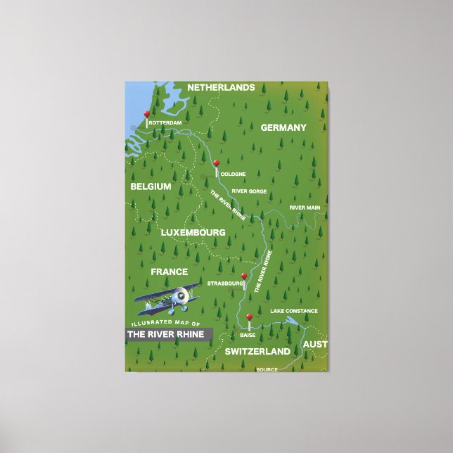 Mapa de viajes retro del río Rin. Imprimir lienzo (Anverso)