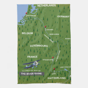 Mapa de viajes retro del río Rin. paño de cocina