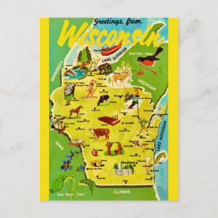 Mapa de Wisconsin Tarjeta Postal Vintage