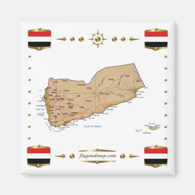 Mapa de Yemen + imán de banderas (Frente)