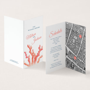 Mapa del boda de las acuarelas corales y tarjeta d