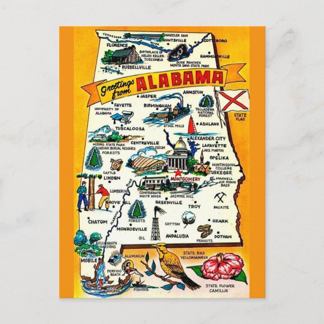 Mapa del estado de Alabama en postal (Anverso)