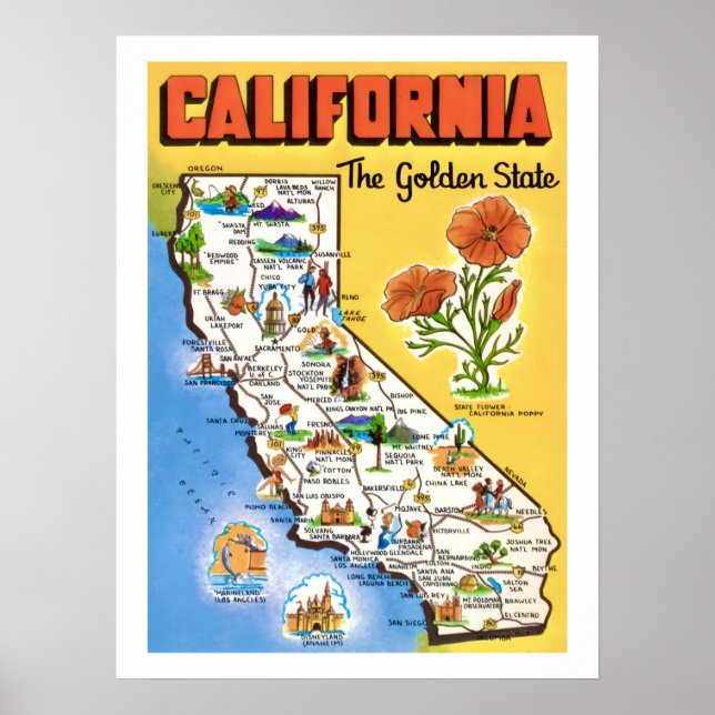 Mapa del Estado Dorado de California Impresión 18x (Frente)