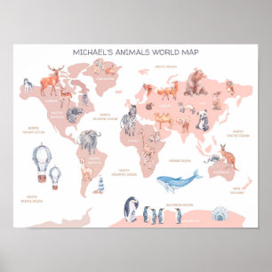 Mapa del mundo animal, arte de pared para niños