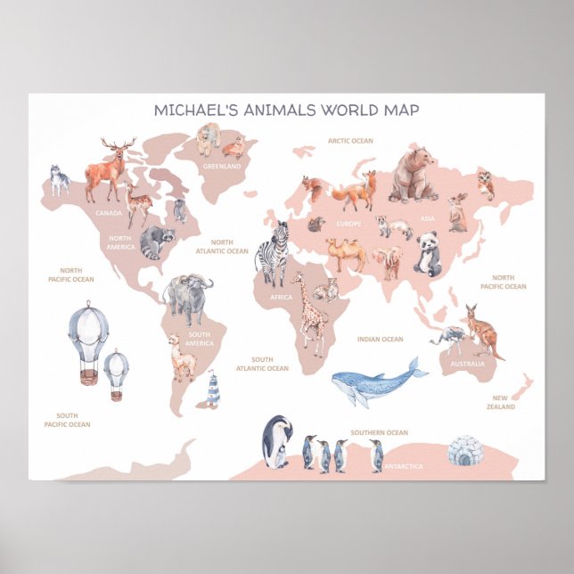 Mapa del mundo animal, arte de pared para niños (Frente)
