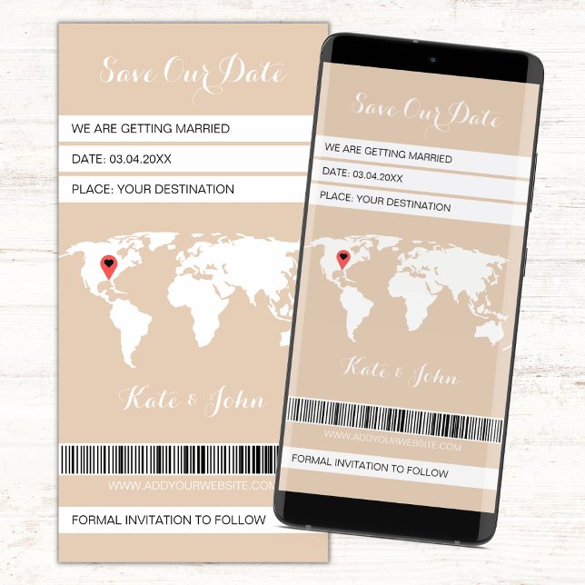 Mapa del mundo blanco Beige de destino de tarjetas (Beige and white save our date boarding pass electronic, modern minimalist, earth tone)