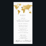 Mapa del mundo del oro de la moda con tarjeta opci<br><div class="desc">Una tarjeta clásica moderna de menú de temas de viajes con mapas del mundo del oro con un corazón móvil y extraíble para que puedas fijar tu ubicación o tema de boda de destino, o borrarlo por completo para un diseño de temas de viaje global o general. El color de...</div>