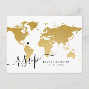 Mapa del mundo del oro de la moda con tarjeta post