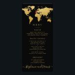 Mapa del mundo del oro negro con menú opcional del<br><div class="desc">Tarjeta de menú de temas de viajes de mapas del mundo negro y dorado con un corazón móvil y extraíble para que puedas fijar tu ubicación o tema de boda de destino, o borrarlo por completo para un diseño de temas de viaje global o general. El color de fondo de...</div>