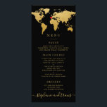 Mapa del mundo del oro negro con menú opcional del<br><div class="desc">Tarjeta de menú de temas de viajes de mapas del mundo negro y dorado con un corazón móvil y extraíble para que puedas fijar tu ubicación o tema de boda de destino, o borrarlo por completo para un diseño de temas de viaje global o general. El color de fondo de...</div>